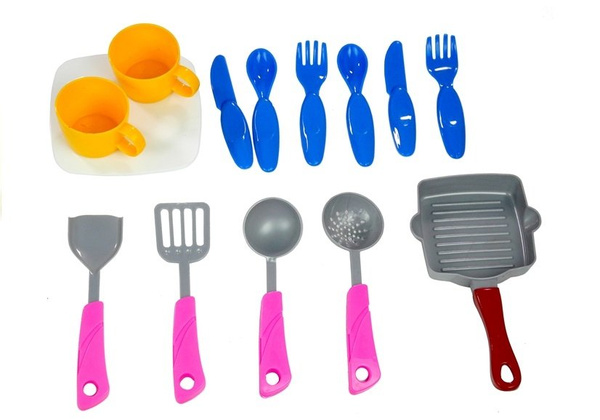 Spüle Küche mit Zubehör Pfanne Becher Löffel Teller umfangreiches Set für Kinder