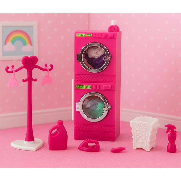 Puppenwäsche-Set Waschmaschine Trockner Kleiderbügel Korb Rosa