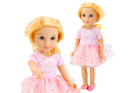 Puppe in einem Kleid mit Tüll, rosa, blondes Haar, 