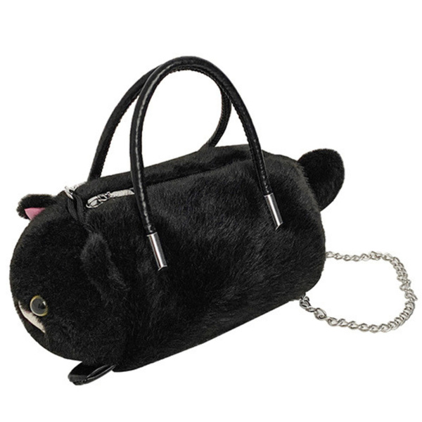 Plush Cat-Shaped Handbag with Chain Handles, Black