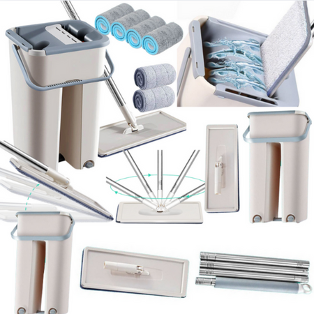 Flat Squeeze Mop with a Double-Chamber Bucket 2 Microfiber Inserts