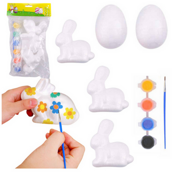 Set for painting styrofoam decorations 3 bunnies 2 eggs paints