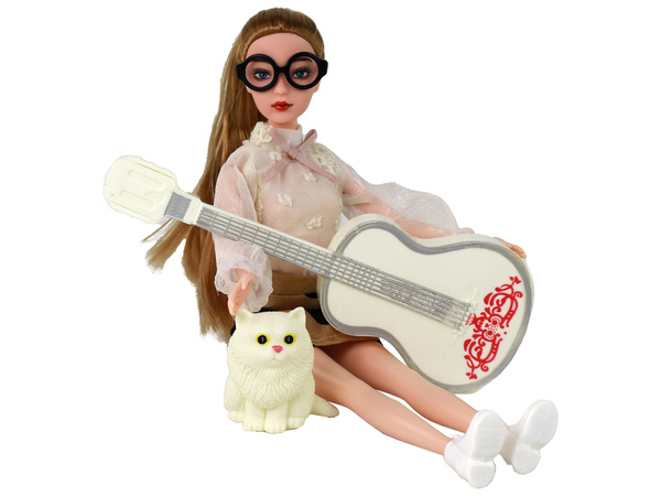 Children's Doll Emily with Guitar Glasses Long Blonde Hair Kitten