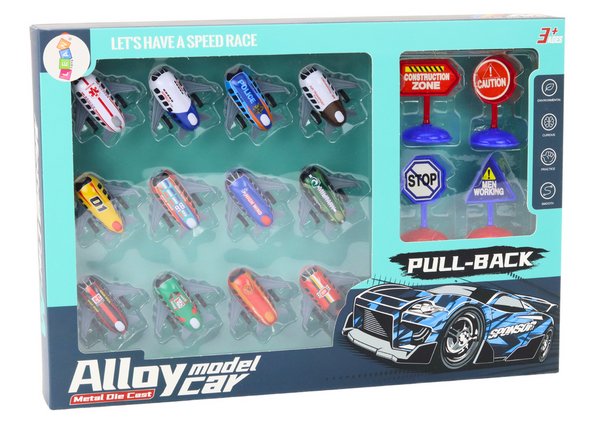 Set mit 12 Spielzeugautos, Motorflugzeugen und 5 cm großen Verkehrsschildern
