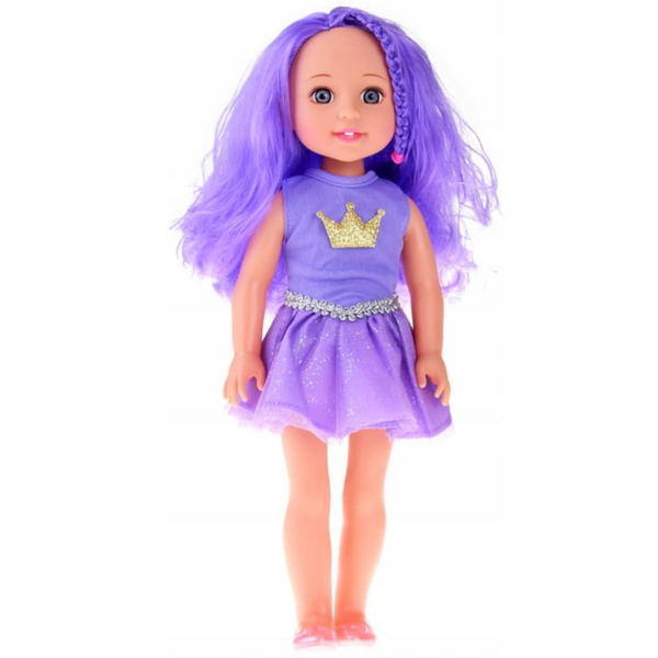 Doll in a Dress with a Crown Long Hair Purple Brush 38cm