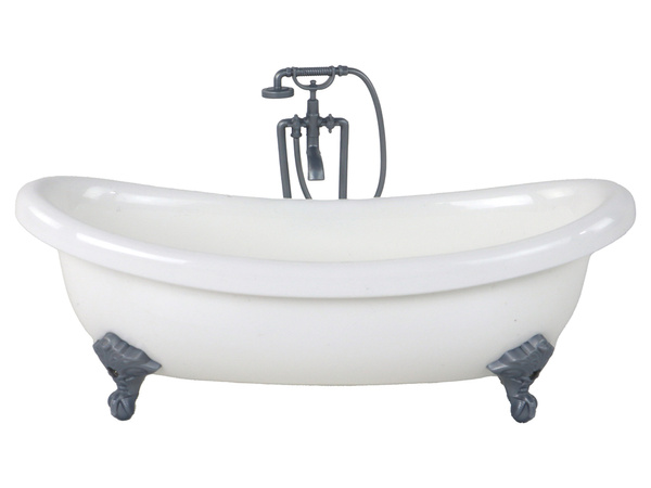 Kinderpuppe, langes blondes Haar, blauer Bademantel, Badewanne, Badezimmer