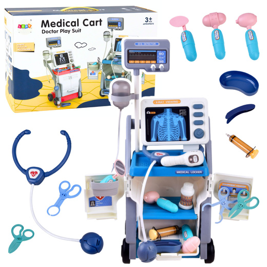 Arztkoffer für kleine Doktoren, medizinischer Wagen, Röntgen, EKG, Lichter, blau, 16-teilig.