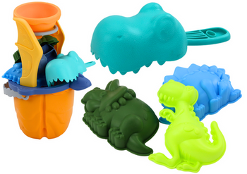 Dinosaur Sand Set, Funnel, Grinder, Molds, Spatula, 7 pieces.