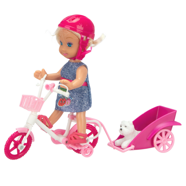 Mini Doll Bike Trailer Helmet White Dog Set