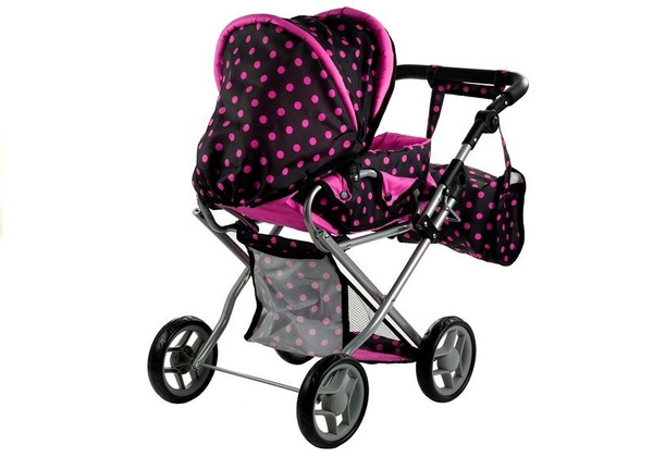 Doll Bogie and Stroller Alice- with Carrier, Bag and Bedding Black with Pink Dots