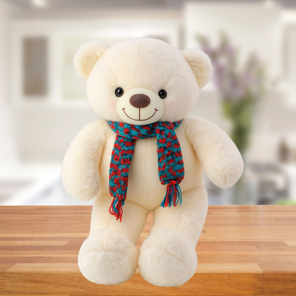 Plush Mascot Cuddly Toy Teddy Bear Colorful Wool Scarf White 55cm