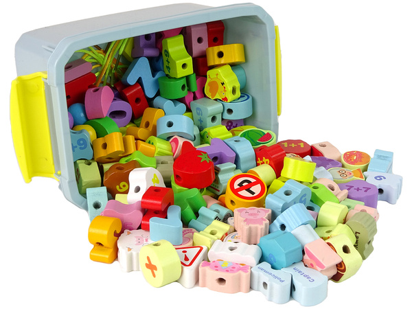 Wooden Bead-Blocks Educational Set Letters & Numbers for Threading