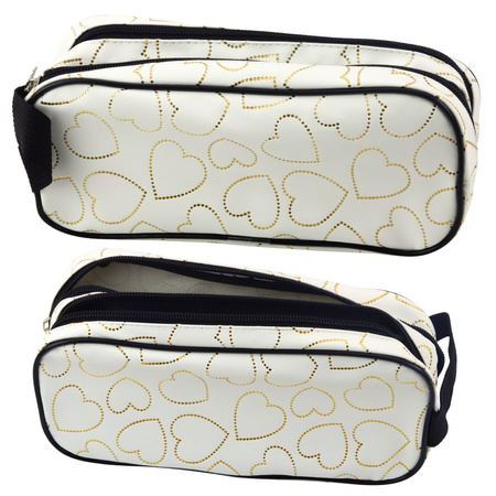 School Office Pencil Case, Two-Compartment, Golden Hearts, White, 23.5x10 cm