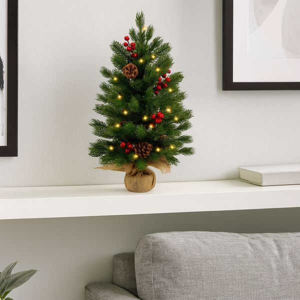 Decorative Christmas Tree, Artificial Red Rowan, LED Lights, 60 x 20 cm