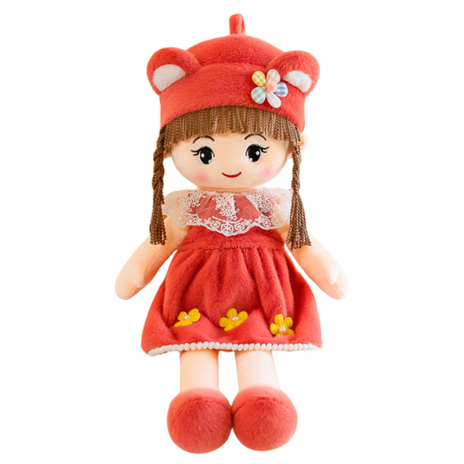 Stoffpuppe, weicher Plüsch, rotes Kleid, Hut mit Ohren, 45 cm