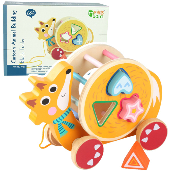Pull-along fox on wheels sorter wooden blocks