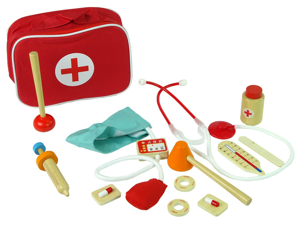 Hölzernes Arztset in der Tasche Stethoskop Druckmesser Hammer Spritze