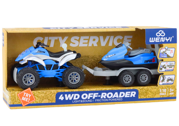 Quad with a trailer for transporting a boat and a jet ski