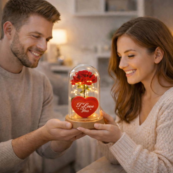 Eternal Rose in Dome with LED Lighting Red with Heart 18.5x8cm