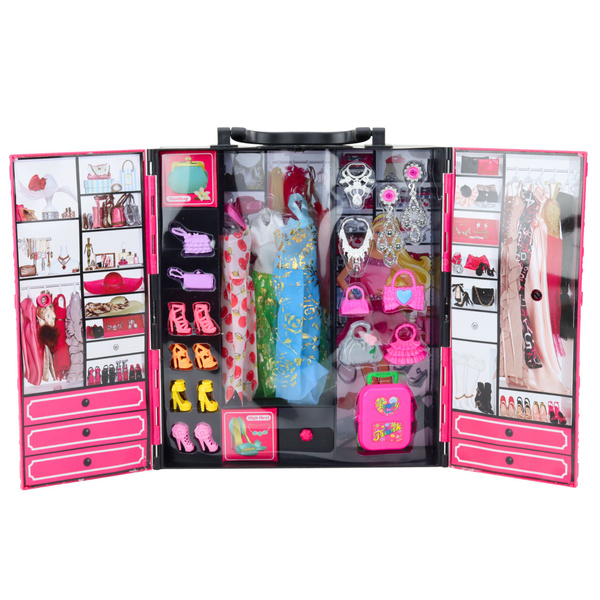 Rosa Puppengarderoben-Set, Kleider, Schuhe, Accessoires