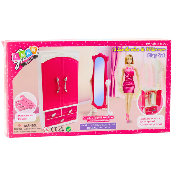 Doll Furniture Set Wardrobe Mirror Hangers Pink