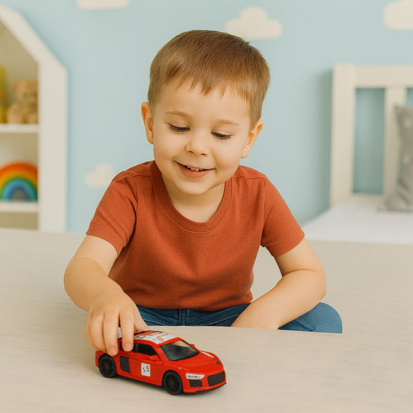 Sportwagen aus Metall, Rückziehfunktion, Lichter, Geräusche, Rot, 1:43