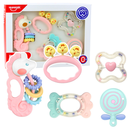 Set sensorischer Rasseln und Beißringe für Babys, Rosa, 5-teilig