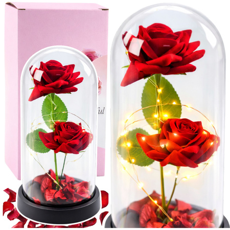 Wieczne 2 Róże w Kopule z Oświetleniem LED i Płatkami Róż Czerwone 21x11cm