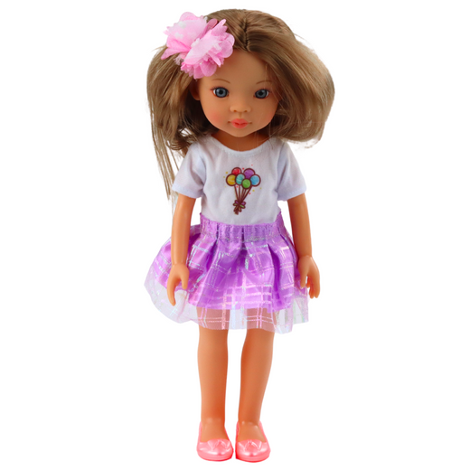 Lalka W Fioletowej Sukience Długie Brązowe Włosy Spinka Kwiat 