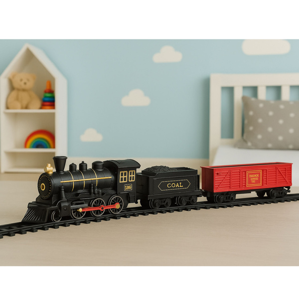 Elektrischer Zug, Lokomotive, Waggons, Gleise, Lichter, Geräusche