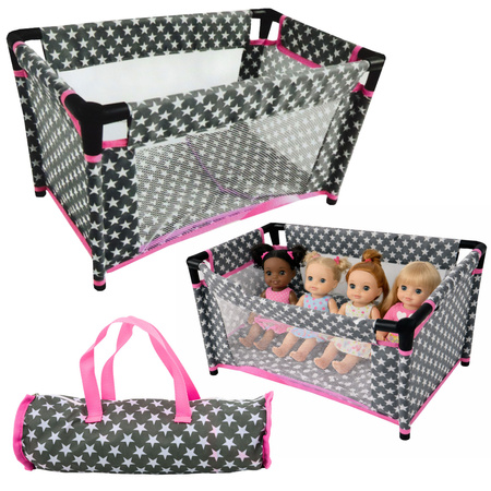 Alice Dolls' Bed with Stars, Bag, Blanket, Pillow, Gray and Pink