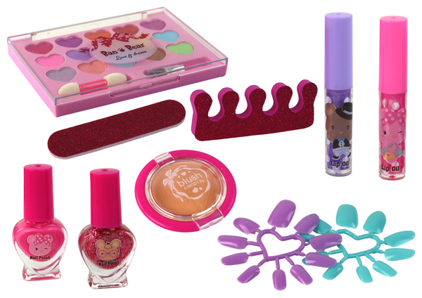 Schönheits-Make-up und Nagelset in einem rosa Koffer