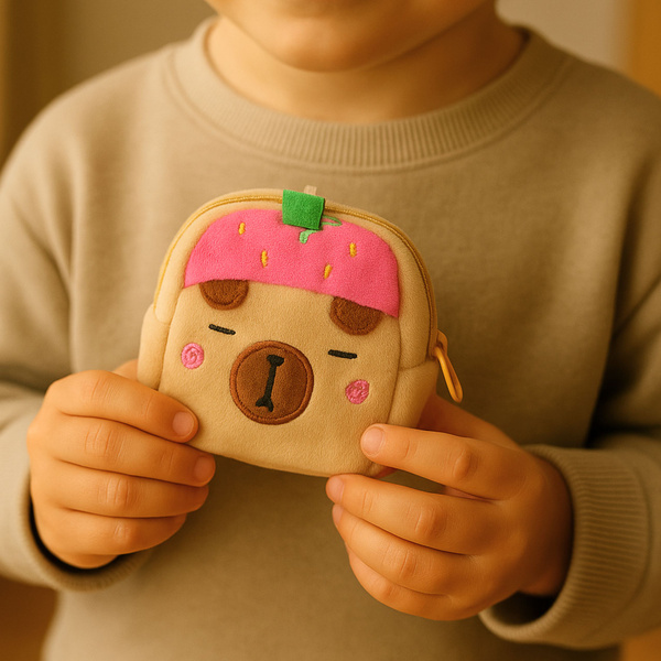 Plush Wallet with Keychain Capybara Strawberry Pink 9.5 x 8 cm