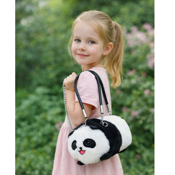 Plush Panda Bag Handles Metal Chain Black White 20cm
