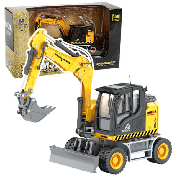 Wheel Excavator With Bulldozer Metal Huina Yellow 1:50