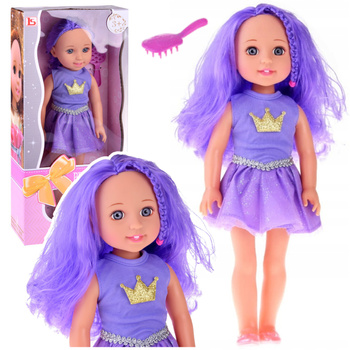 Puppe im Kleid mit Krone, langes Haar, lila Pinsel, 38 cm