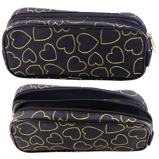 School Office Pencil Case, Two-Compartment, Golden Hearts, Black, 23.5x10 cm