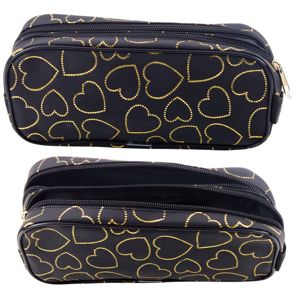 School Office Pencil Case, Two-Compartment, Golden Hearts, Black, 23.5x10 cm
