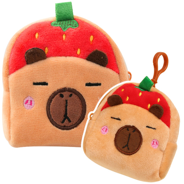 Plush Wallet with Keychain Capybara Strawberry Red 9.5 x 8 cm