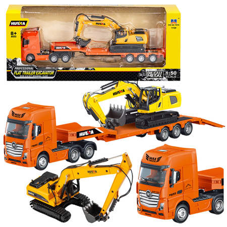 Truck with Trailer Tow Truck Metal Excavator Huina Orange 1:50