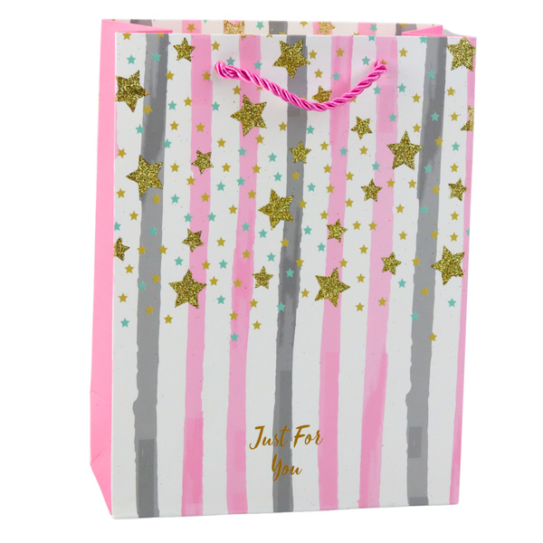 Geschenktüte aus Papier, blau, rosa, glitzernd, 23 x 18 x 10,5 cm