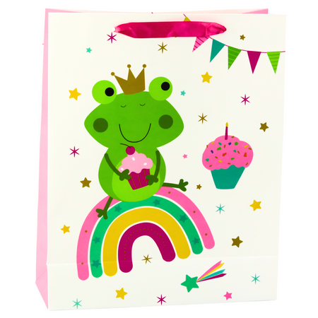 Frog Gift Bag with Crown Rainbow White Pink 32x26x10cm