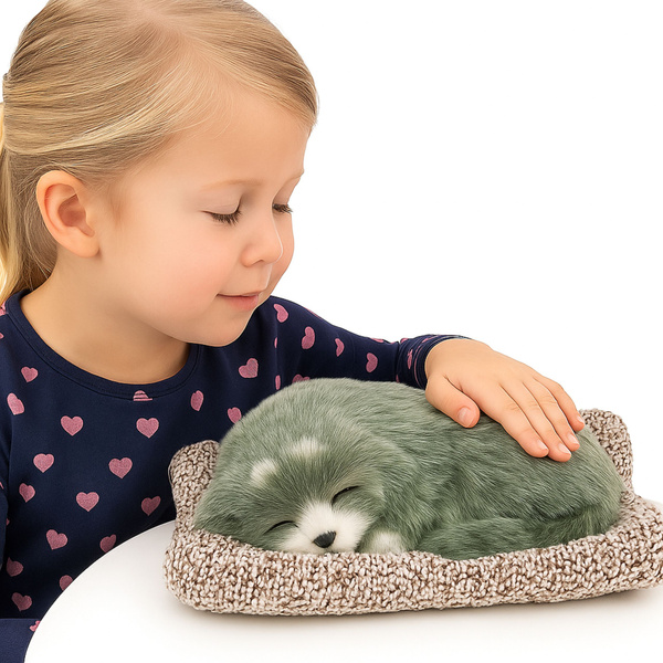 Schlafender Husky auf einem Kissen, Figur mit Fellbeutel und Geräuschen