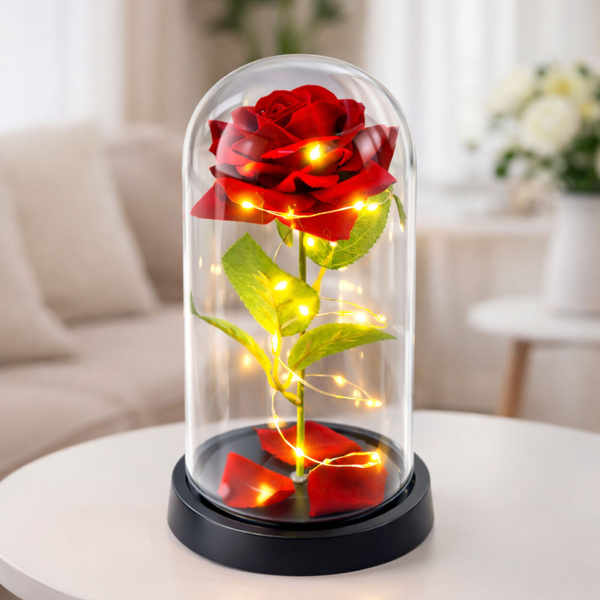 Ewige Rose in Glaskuppel mit roter LED-Beleuchtung, 21,5 x 11 cm