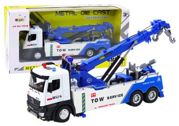 LKW mit Kran, zwei Metallhaken, weiße und blaue Lichter, Geräusche