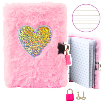 Plush Diary Notebook with Padlock and 2 Keys Heart Pink A6 80 Sheets