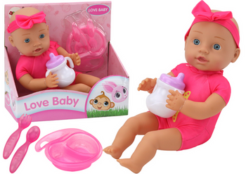 Babypuppe, rosa Kleidung, Stirnband, Fütterungszubehör