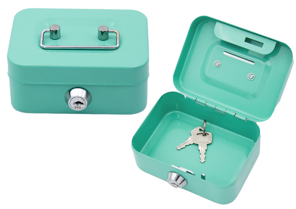 Piggy Bank Storage Box, Lockable, Two Keys, Metal, Turquoise