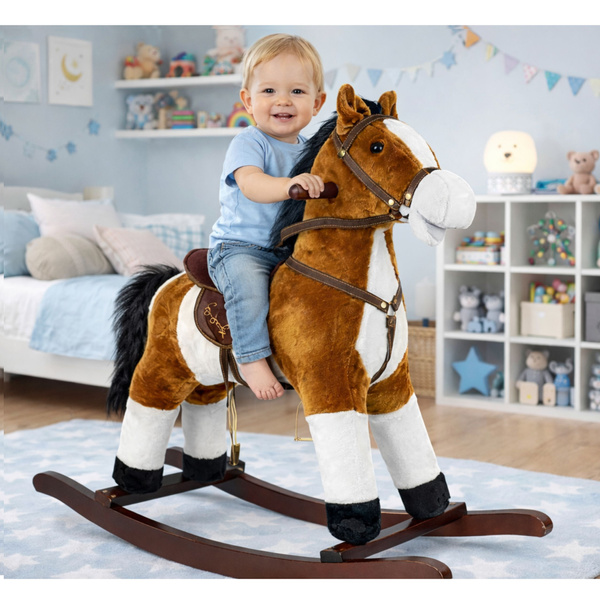Rocking Horse Moves Mouth Tail Sounds Light Brown 74 cm