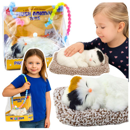 Sleeping White Cat on a Pillow Figurine with Fur Bag Sounds